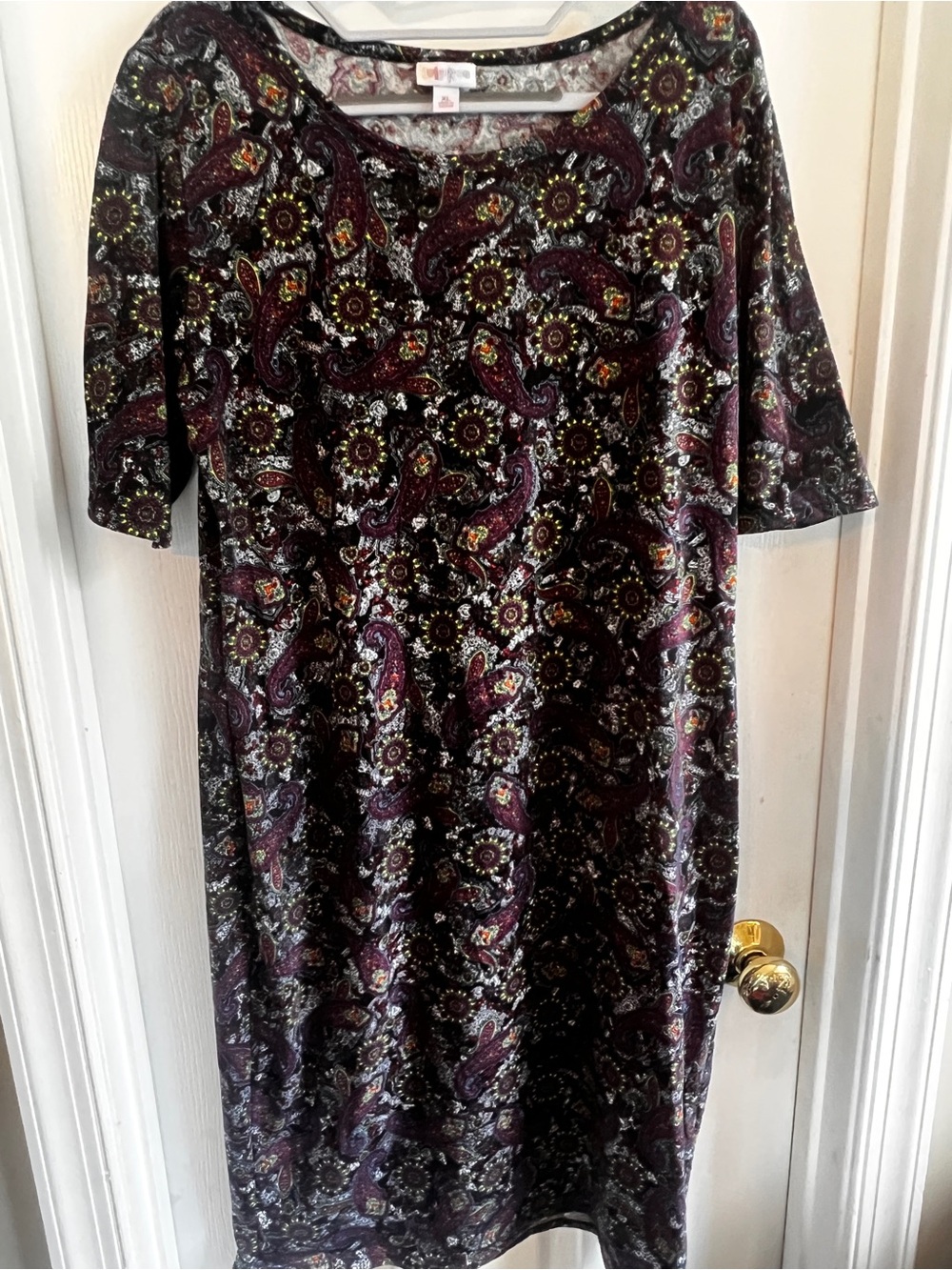 LuLaRoe Midi Julia Dress in Black and Burgundy Paisley